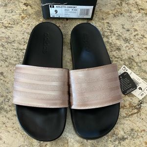 NWT Pink and Black women’s Adidas Slides. Size 9